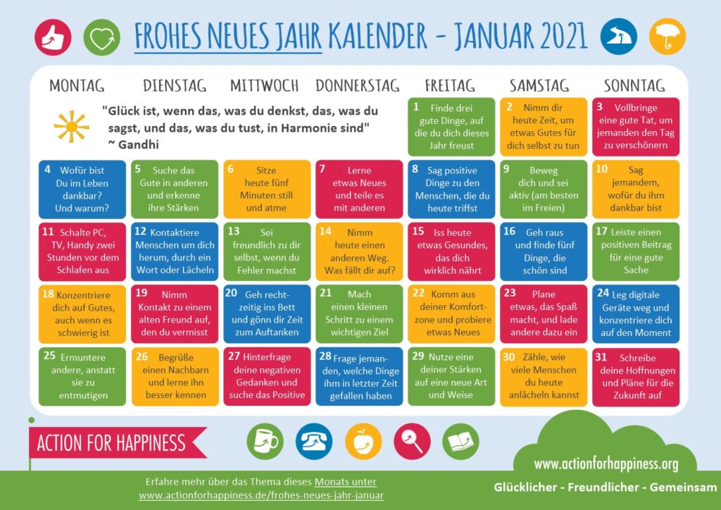 Frohes Neues Jahr Kalender Januar 2021 Action For Happiness Deutschland neues jahr neues ich 2021 kalender