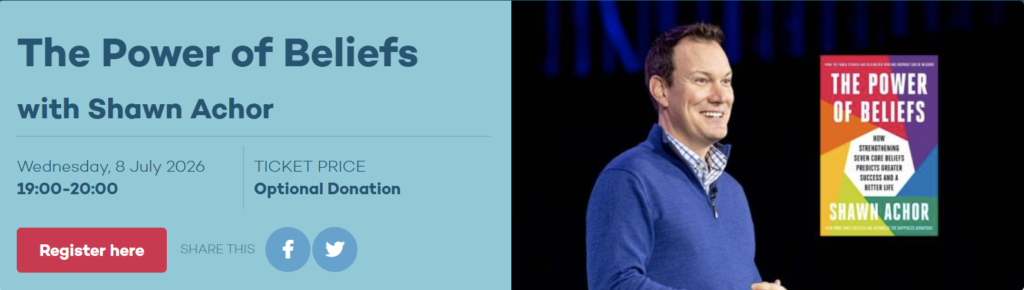 Autor Achor, Buchdeckel Power of Beliefs und Daten zum Expertengespräch